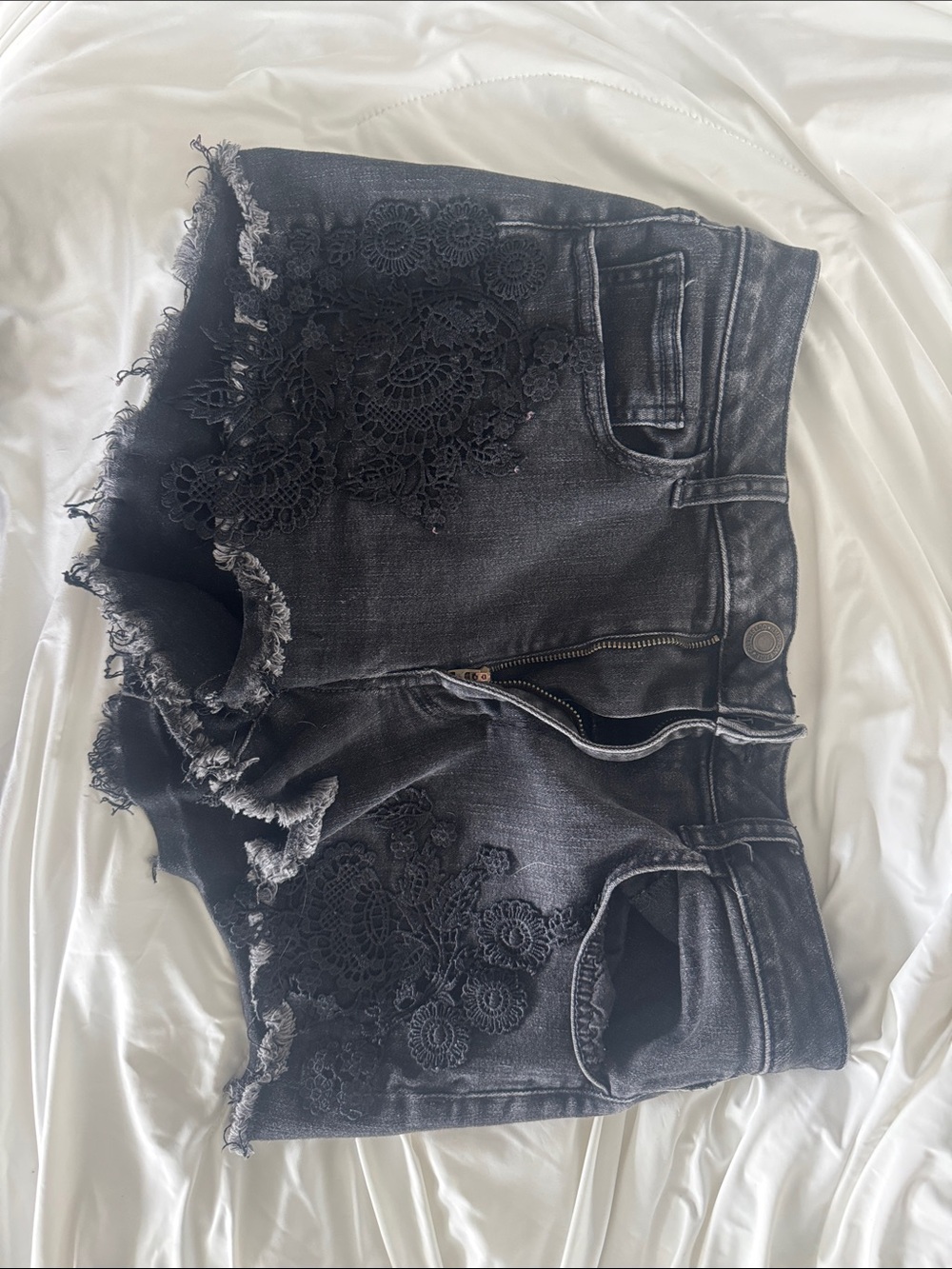 American Eagle Outfitters Black Distressed Lace-Trim Denim Shorts